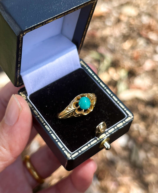 Antique Victorian solitaire Turquoise 18k Gold belcher Ring (UK 1834) US size 7.5 (Art Nouveau style) Maker&#39;s mark C.G—Charles Gibson, London 1834 hallmark, anniversary gift, engagement ring, wedding gift, graduation gift, unique gift