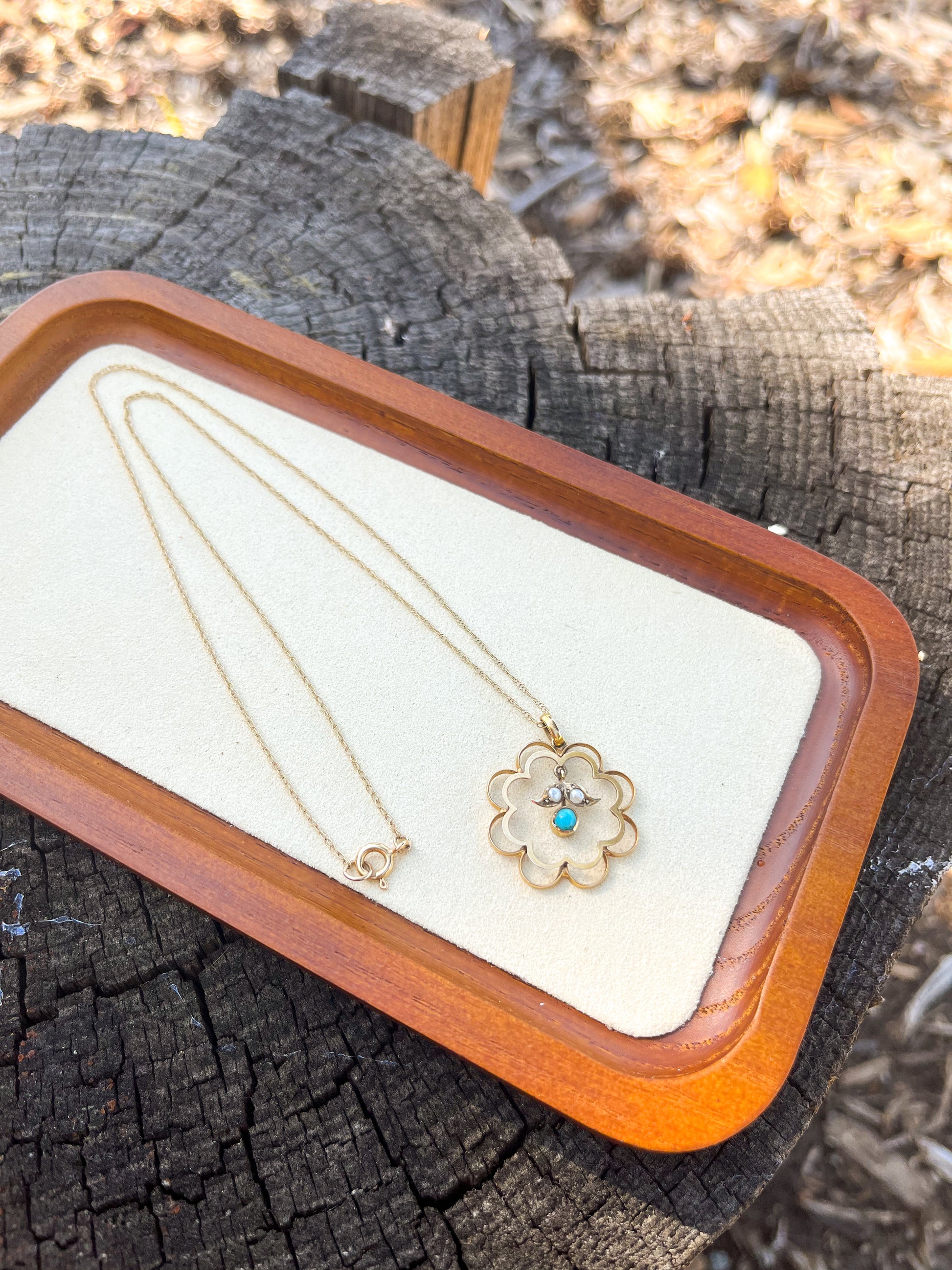 Antique Edwardian Turquoise & Seed Pearls 9k Gold Necklace (UK 1900s) Art Nouveau (sustainable jewelry) collectible jewelry, anniversary, wedding, graduation gift