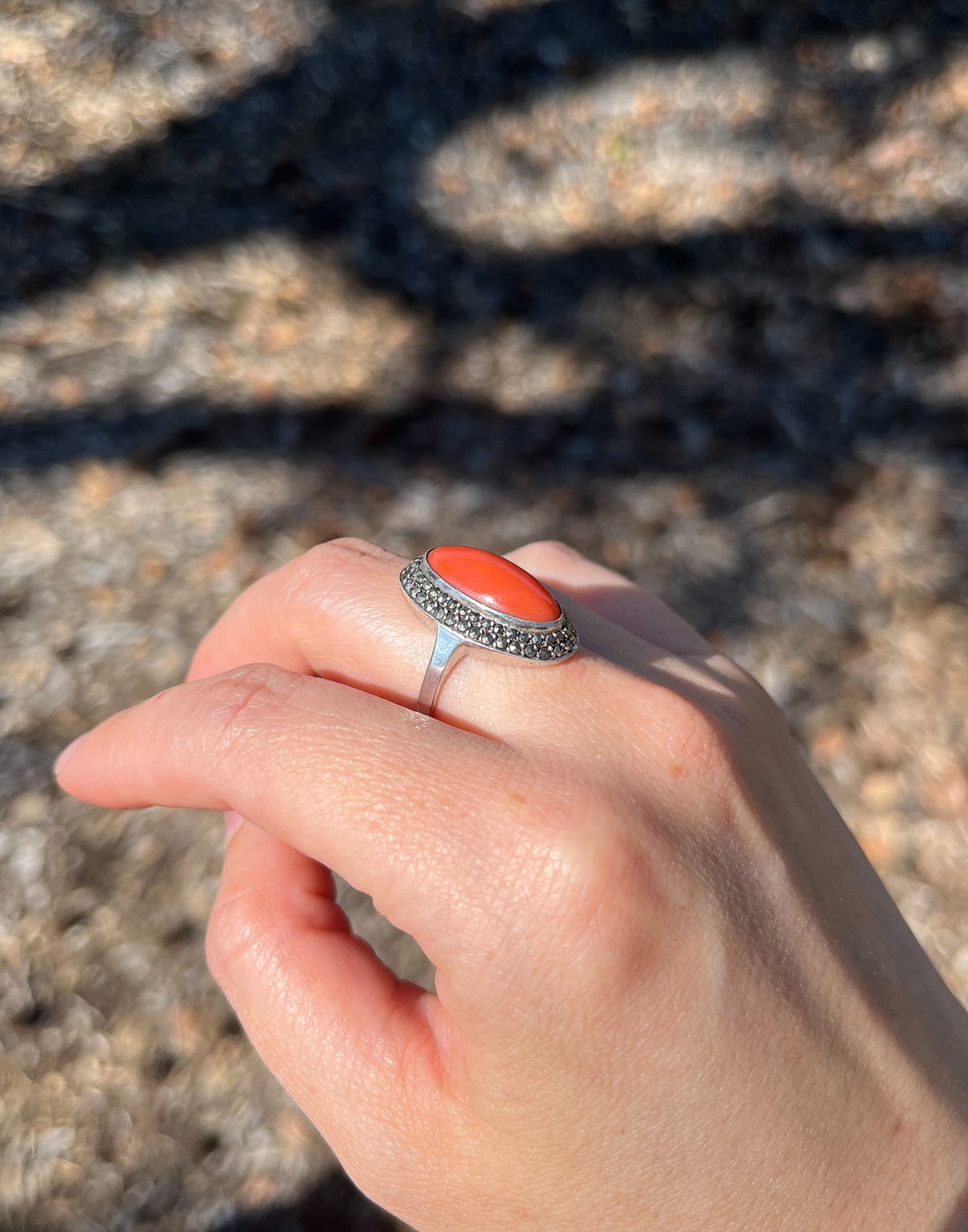 Antique Art Deco Coral Statement Silver Ring w. natural Marcasite crystals (Germany 1930s) US size 6 w. Hardarbeit stamp (sustainable jewelry) anniversary gift, graduation gift, wedding gift, collectible jewelry