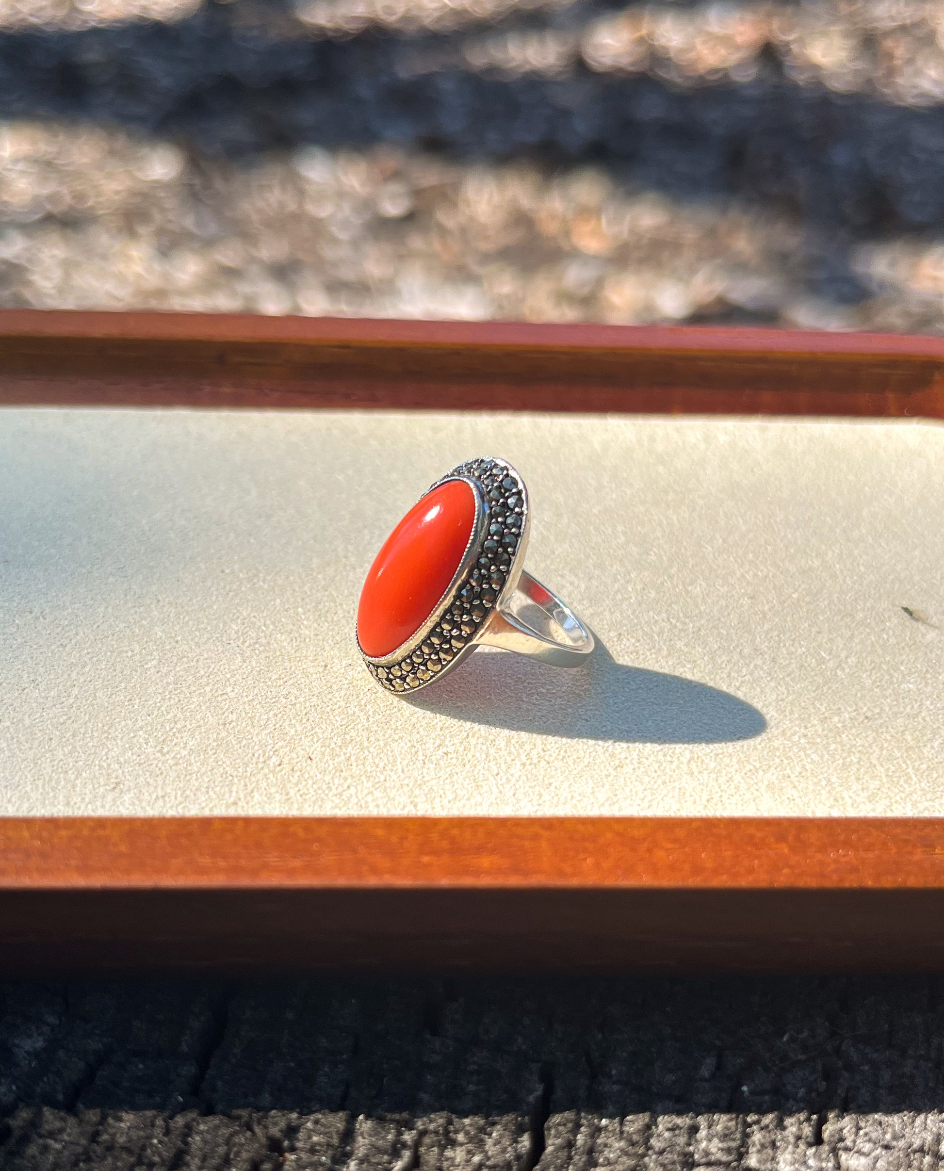 Antique Art Deco Coral Statement Silver Ring w. natural Marcasite crystals (Germany 1930s) US size 6 w. Hardarbeit stamp (sustainable jewelry) anniversary gift, graduation gift, wedding gift, collectible jewelry