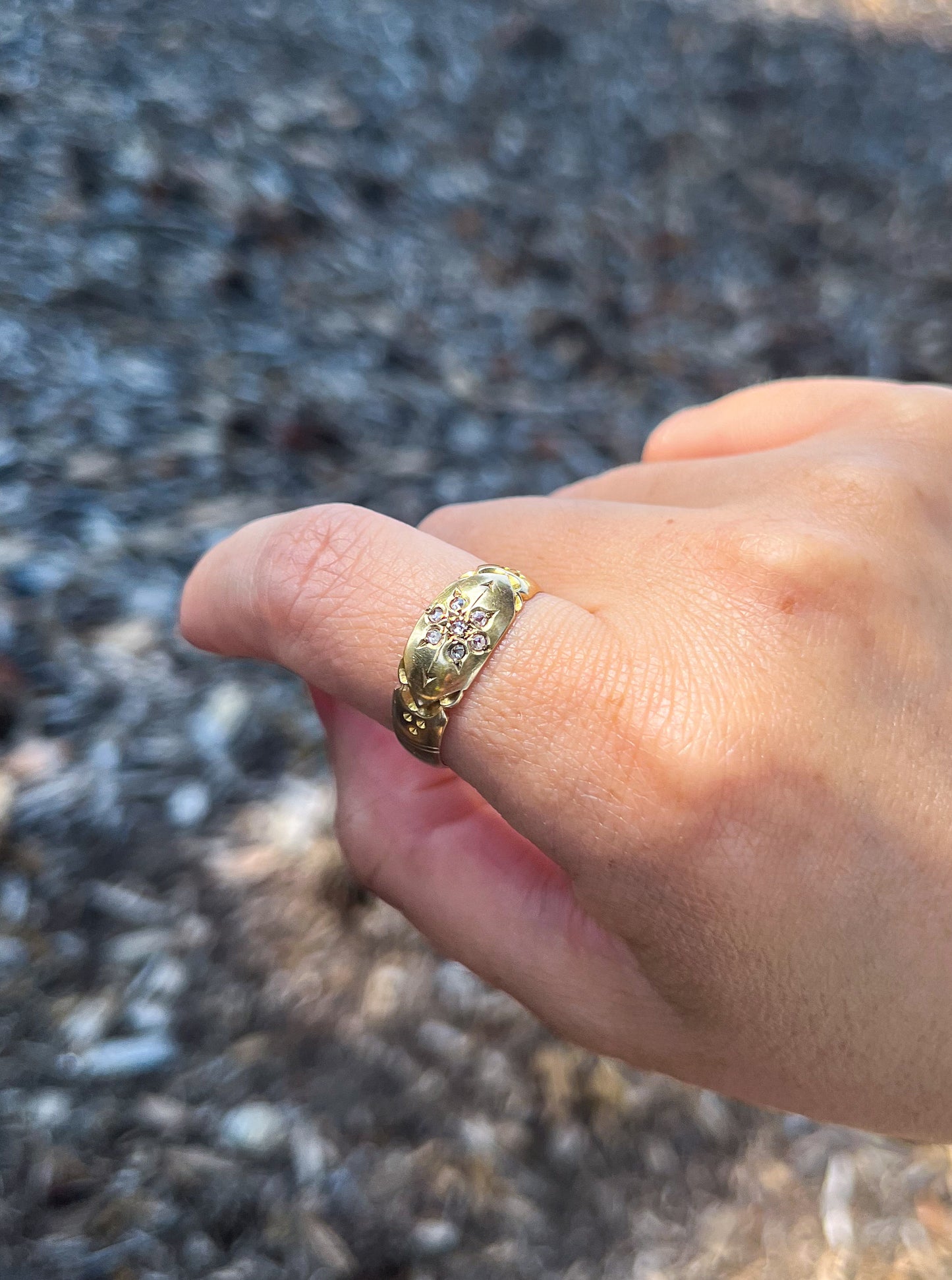 Antique Victorian Diamond Star Gypsy Ring (w. Maker's mark W.M—William Moulson London 1841) US size 7.75 (rose-cut diamonds in 18ct gold)