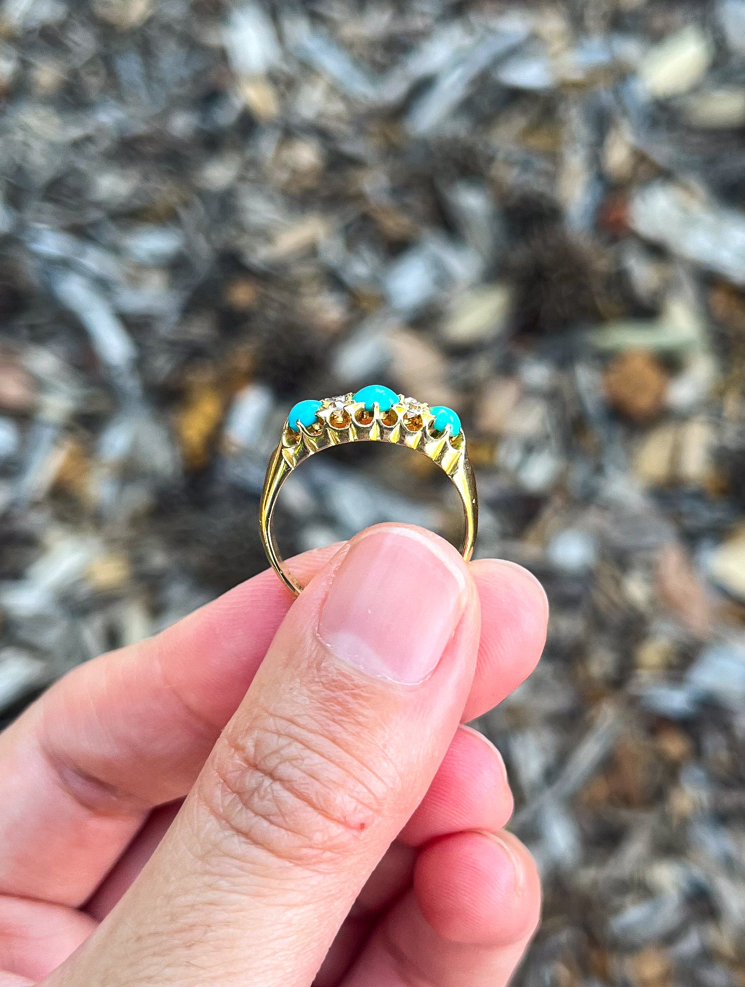Antique Victorian Turquoise Diamonds 18k Gold Ring (UK 1880s) old mine cut diamonds (US size 5.75) Art Nouveau style, sustainable jewelry