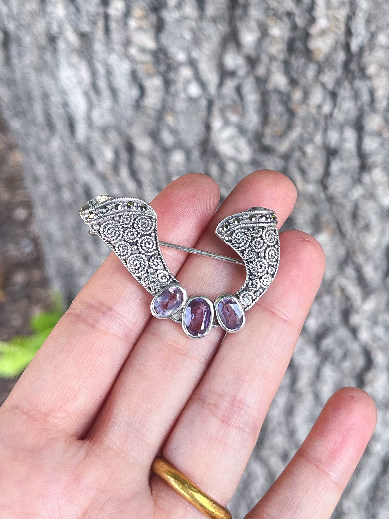 Rare Antique Amethyst Marcasite Silver Brooch (Northern Europe, 1900s) Arts and Crafts movement, sustainable jewelry, anniversary gift, graduation gift, antique jewelry, gift for her, antique jewelry