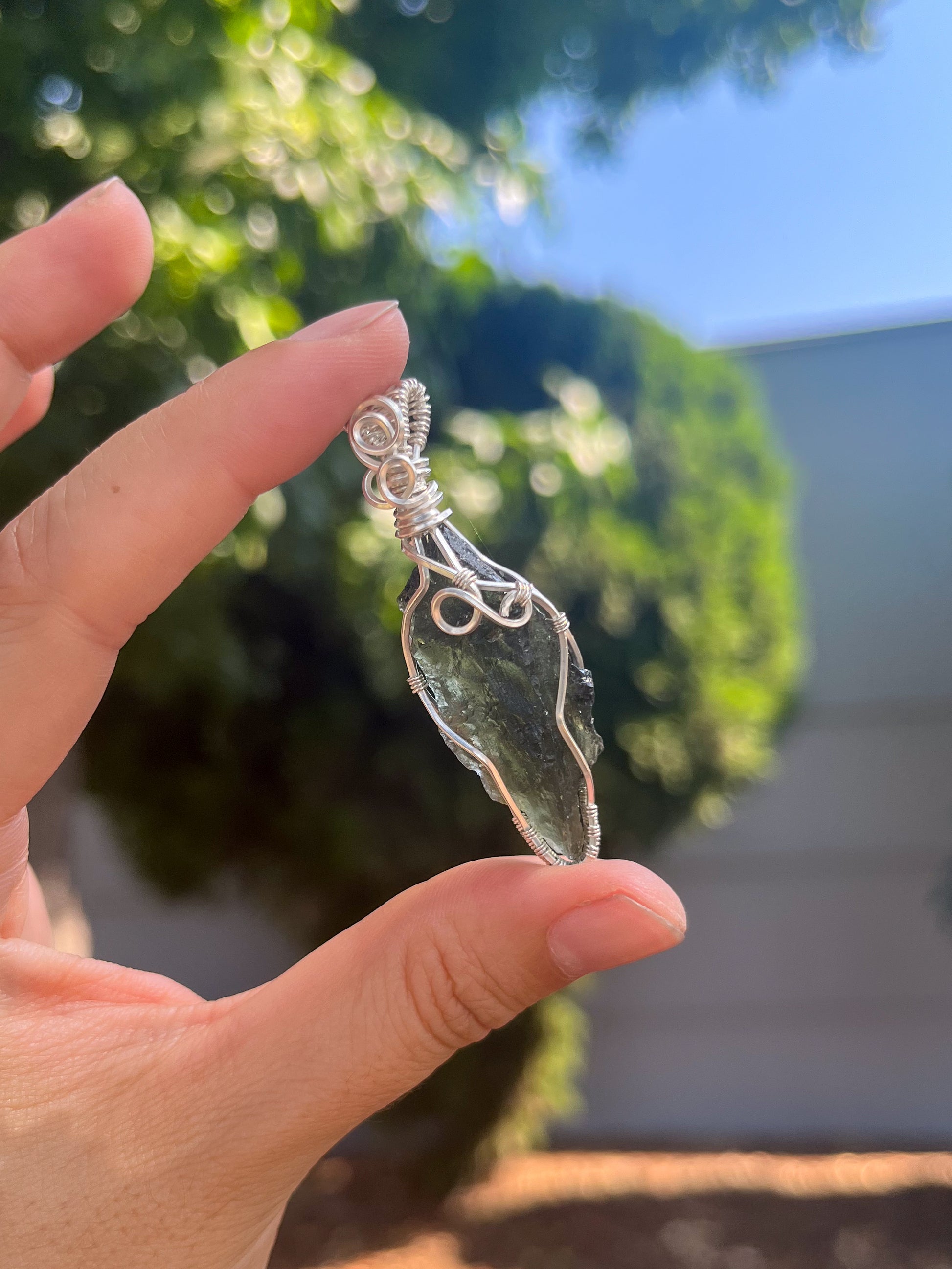 Genuine Moldavite Silver Pendant (3.7g Grade B) wire wrapped jewelry, handmade gift, witchy jewelry, statement pendant