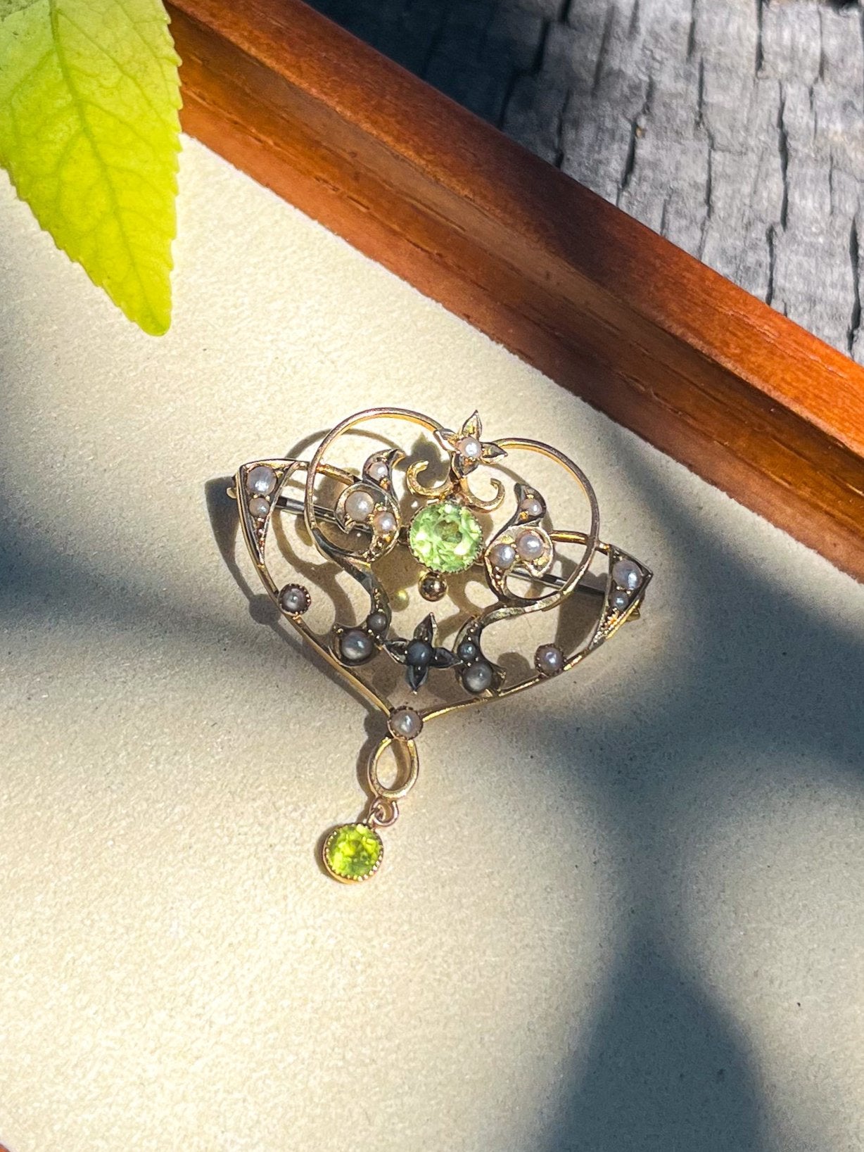 Antique Victorian Gold Peridot & Seed Pearl Pendant / Brooch (UK 1890s) Art Nouveau style (sustainable jewelry) witchy, anniversary gift, wedding gift, graduation gift, unique gift