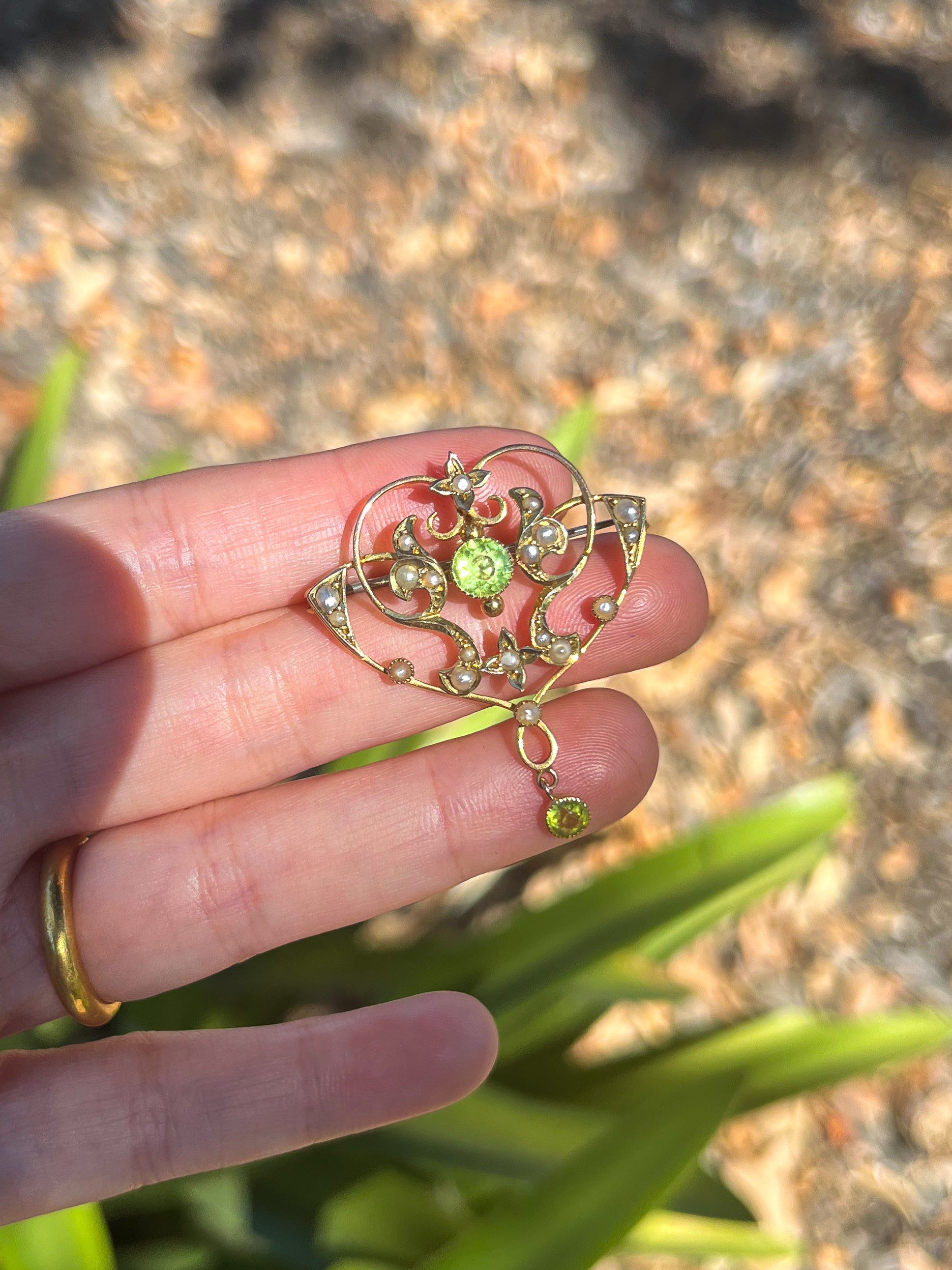 Antique Victorian Gold Peridot & Seed Pearl Pendant / Brooch (UK 1890s) Art Nouveau style (sustainable jewelry) witchy, anniversary gift, wedding gift, graduation gift, unique gift