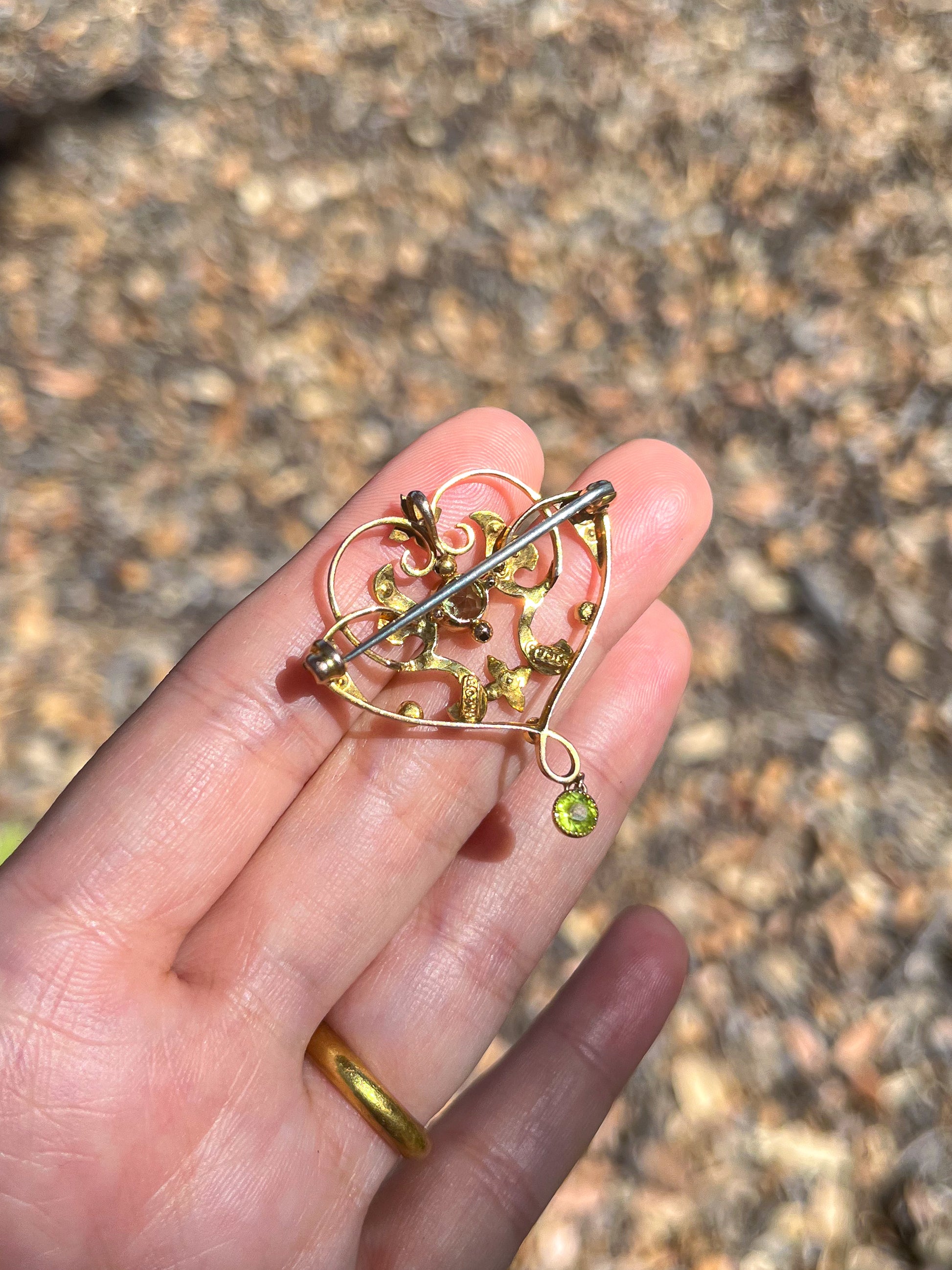 Antique Victorian Gold Peridot & Seed Pearl Pendant / Brooch (UK 1890s) Art Nouveau style (sustainable jewelry) witchy, anniversary gift, wedding gift, graduation gift, unique gift