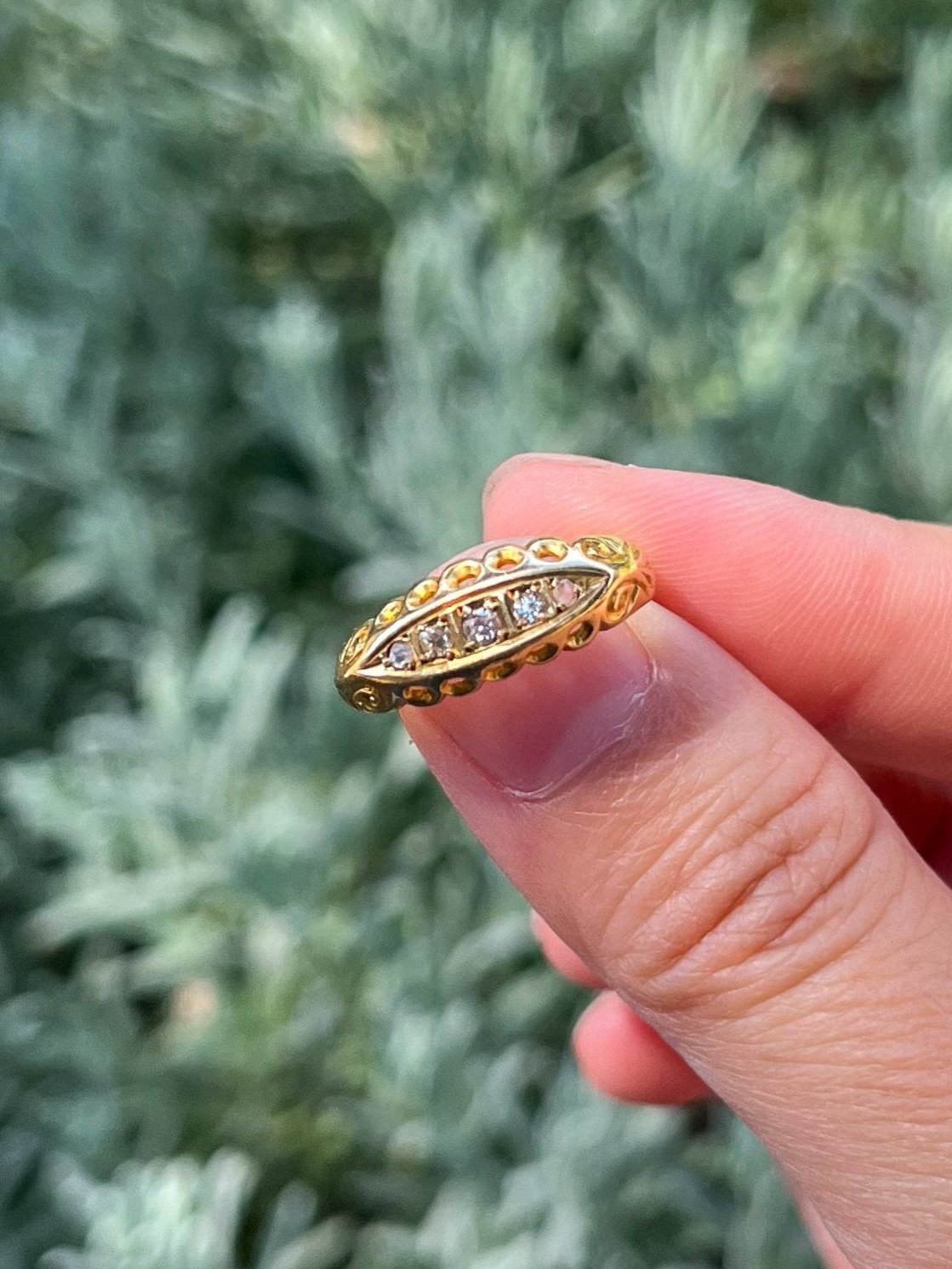 Antique Edwardian Diamond Boat Ring (UK 1915) US size 5.75 (old European cut diamonds in 18ct gold) Chester stamp, maker mark E.J.R, engagement ring, wedding gift, antique jewelry, collectable ring, 18ct gold ring