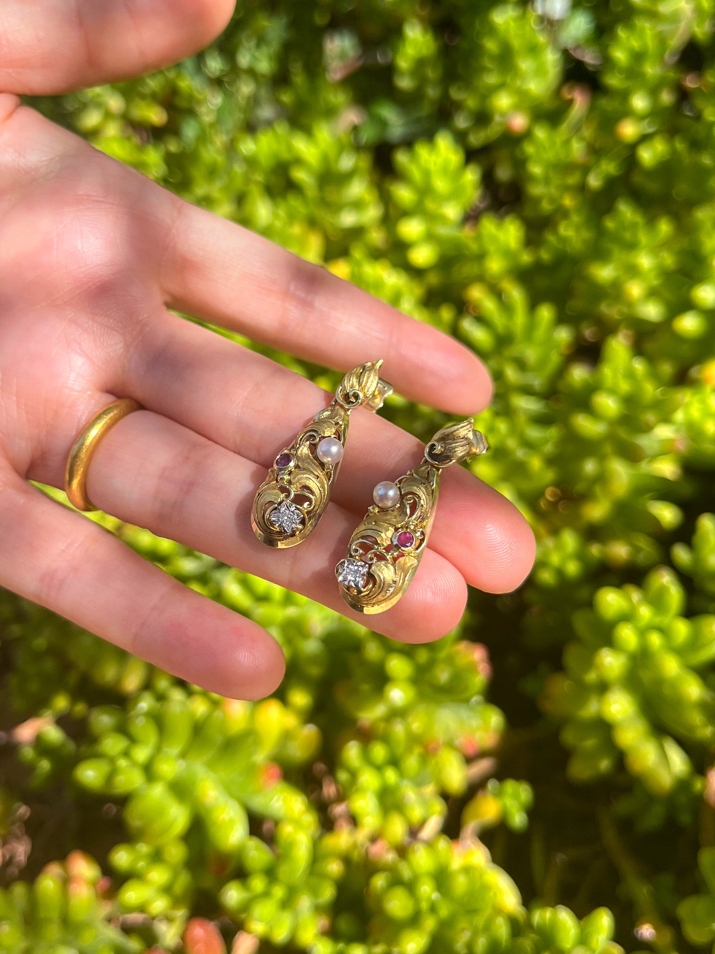 Rare Antique Diamond Seed Pearls Ruby Gold Earrings (France, 1870s) Art Nouveau (14ct gold) sustainable jewelry, unique antique earrings, unique gift, wedding gift, wild seed pearls, old-cut diamond, witchy jewelry