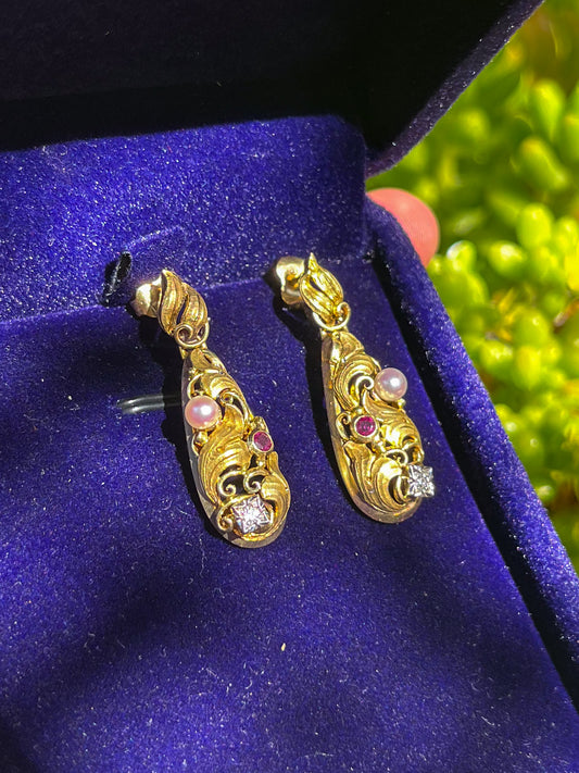 Rare Antique Diamond Seed Pearls Ruby Gold Earrings (France, 1870s) Art Nouveau (14ct gold) sustainable jewelry, unique antique earrings, unique gift, wedding gift, wild seed pearls, old-cut diamond, witchy jewelry