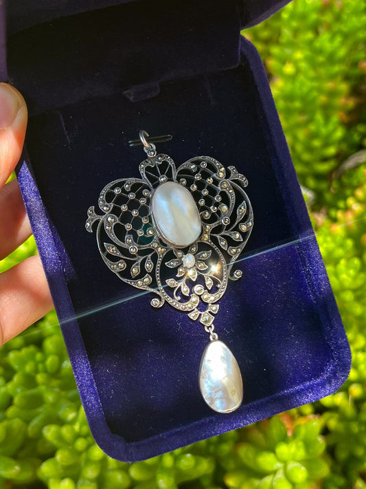 Antique Victorian Statement Silver Pendant with blister pearls and Marcasite (UK, 1880s) 925 silver hallmark, witchy jewelry, unique gift, wedding gift, graduation gift, collectable jewelry