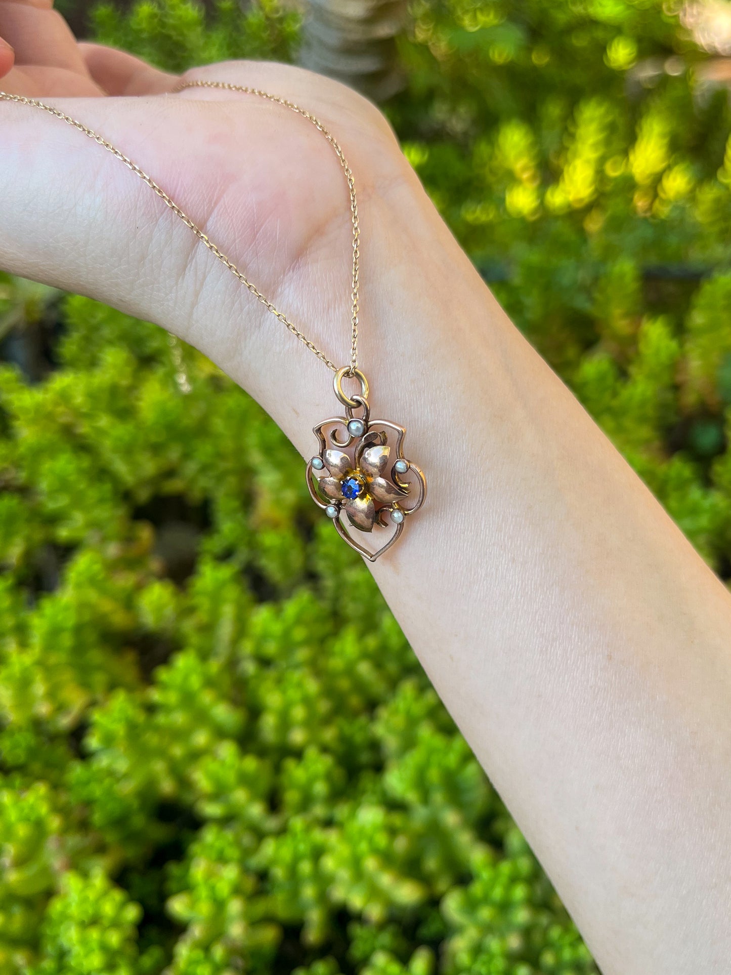 Antique Art Nouveau Sapphire Pearl Rose Gold Pendant (UK 1890s) 9k gold (sustainable jewelry) Victorian antique jewelry, witchy, sapphire, collectible jewelry, anniversary gift, unique gift, gift for her, Art Nouveau jewelry