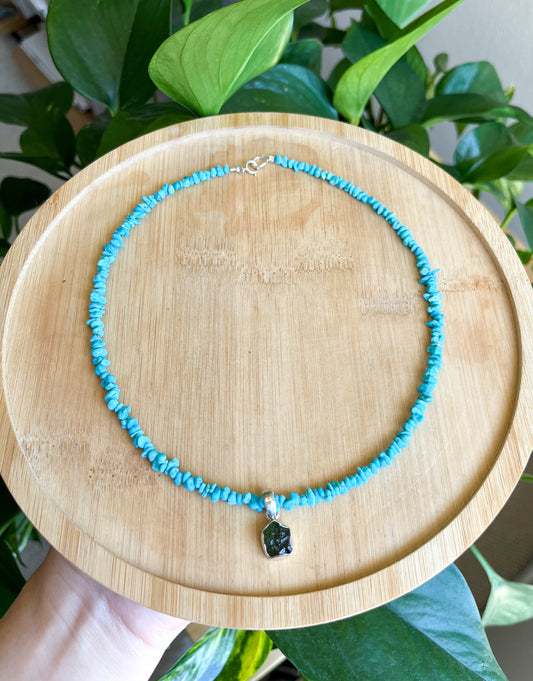 Natural Turquoise & Moldavite Beaded Necklace
