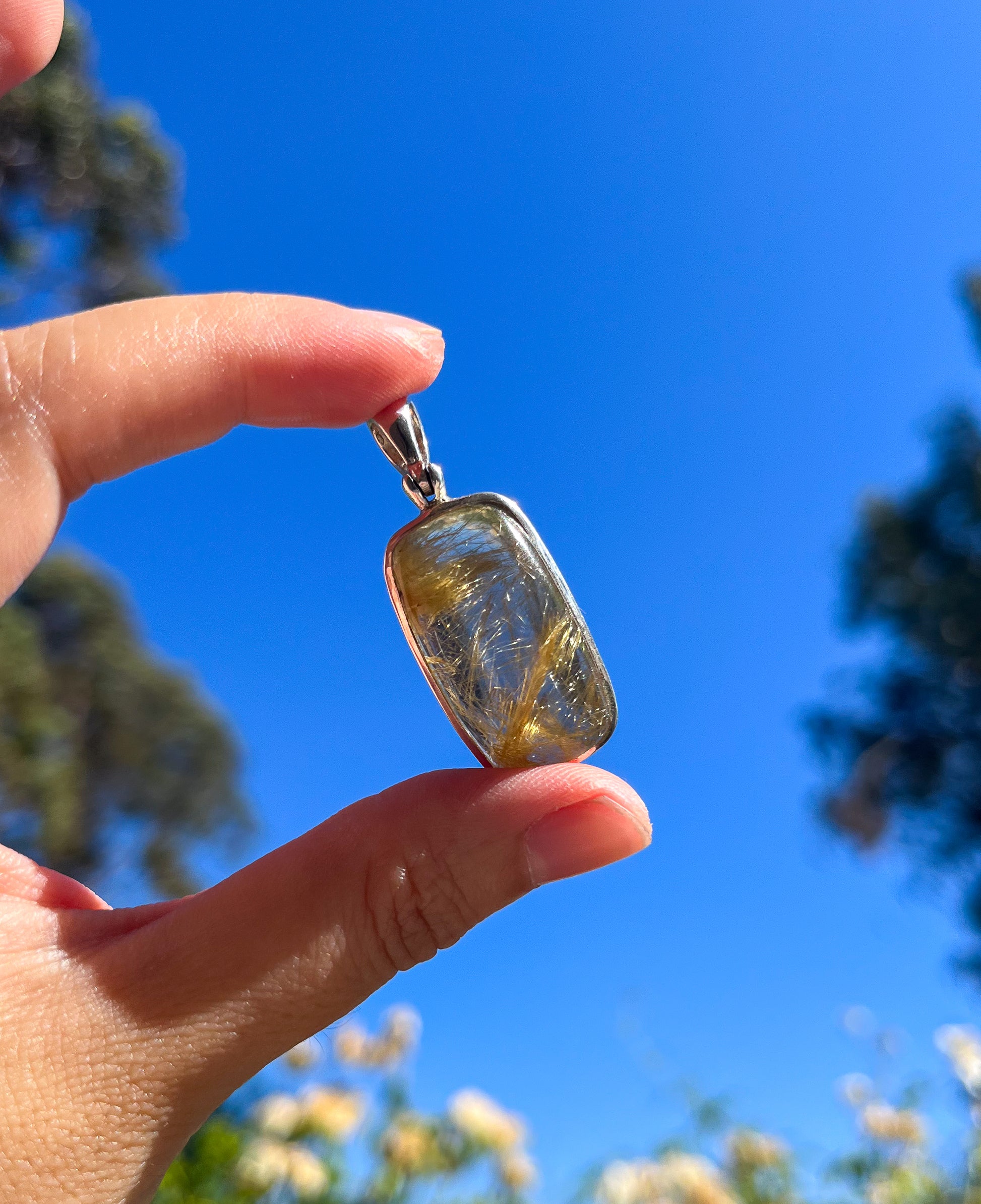 Golden Rutilated Crystal Silver Pendant, wire wrapped jewelry, handmade gift