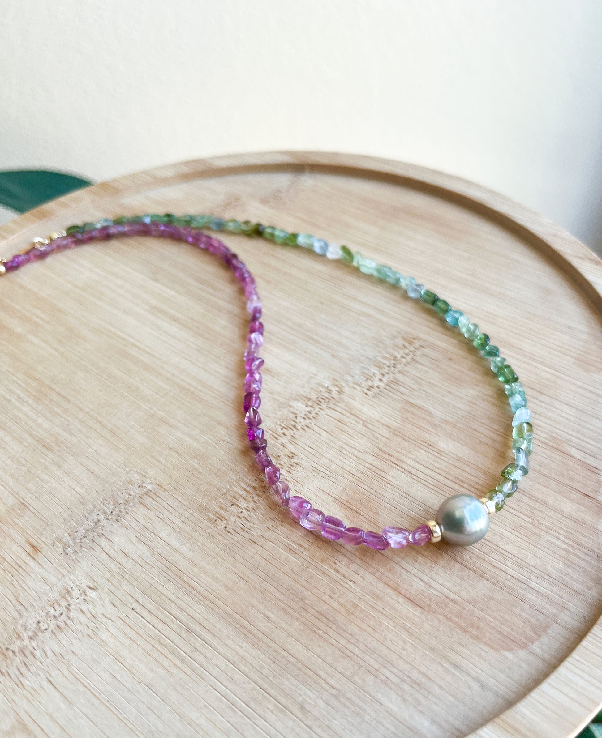 Minimalist Pink Green Tourmaline & Tahitian Pearl Necklace, adjustable length, unique handmade gift for her