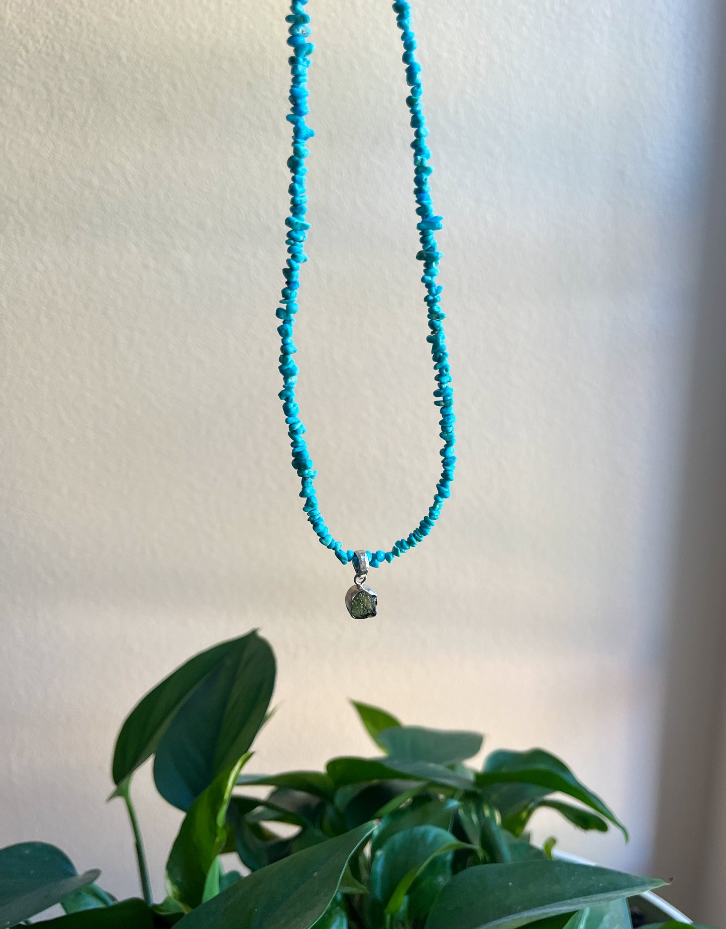 Natural Turquoise & Moldavite Beaded Necklace (16 inch)