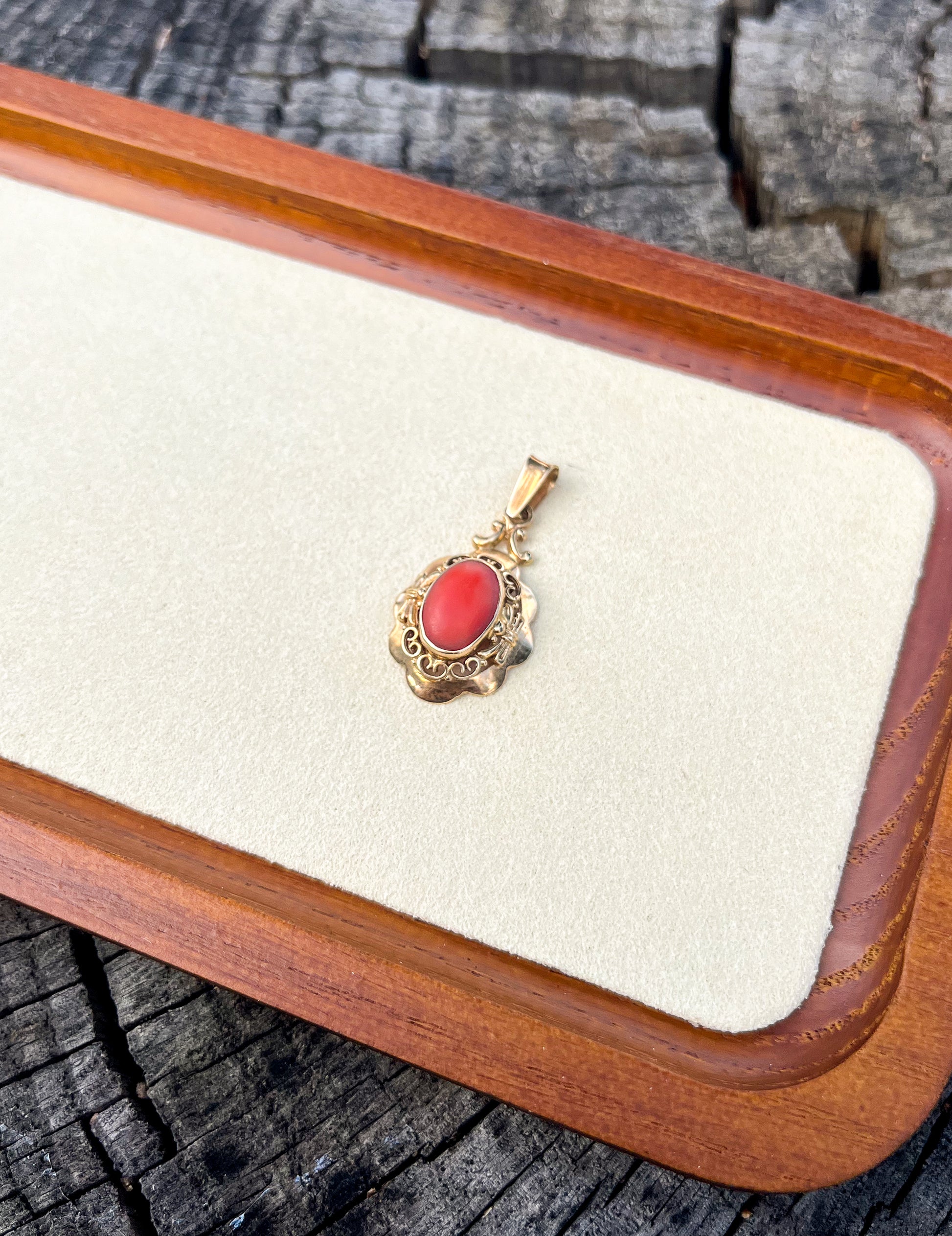Antique Coral 14k Gold Pendant (Germany 1930s) antique jewelry, genuine coral jewelry