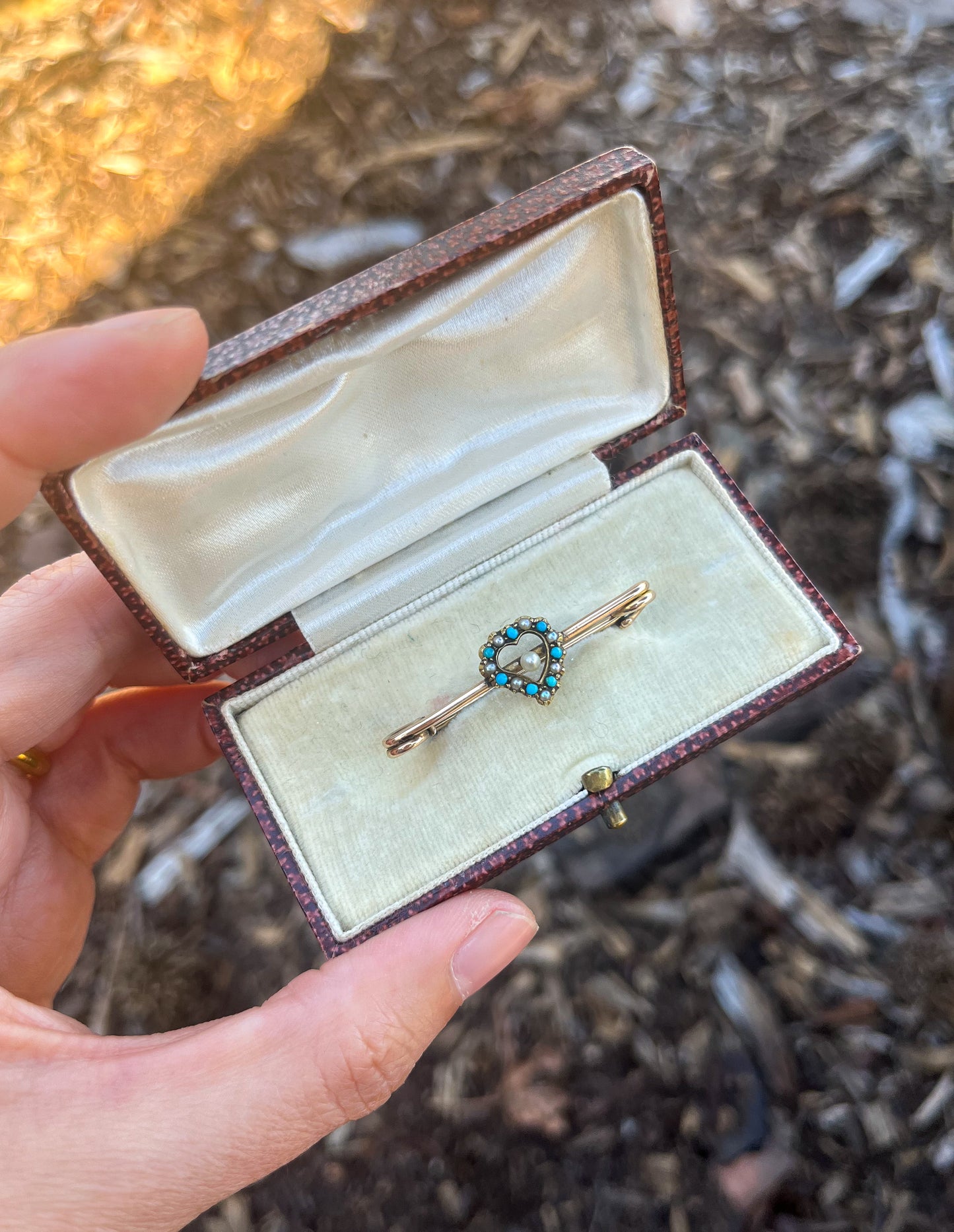 Antique Edwardian Turquoise & Wild Pearls 15k Gold Brooch (UK 1900s) with original box (antique jewelry unique gift)
