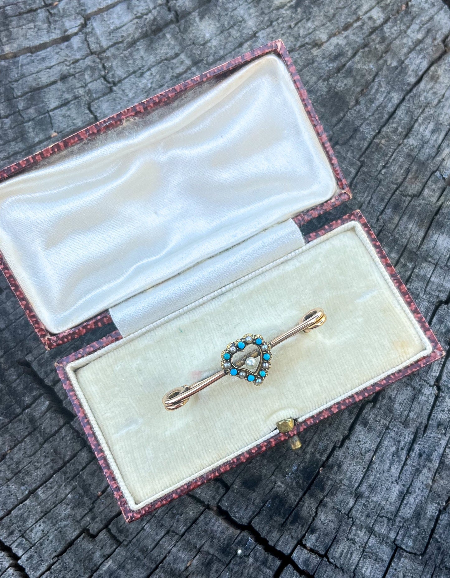 Antique Edwardian Turquoise & Wild Pearls 15k Gold Brooch (UK 1900s) with original box (antique jewelry unique gift)